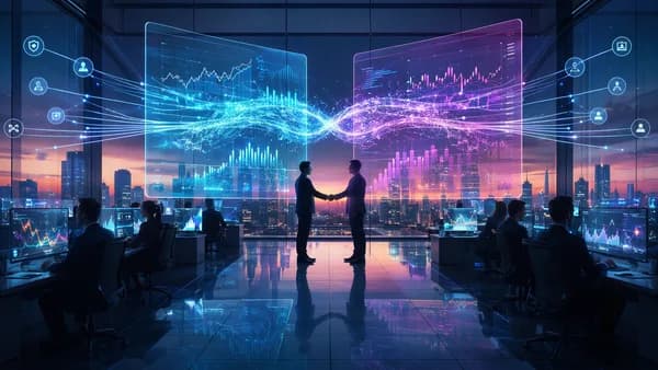 Futuristic fintech scene showing prediction market platforms converging amid M&A-style data networks.