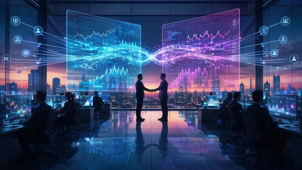 Futuristic fintech scene showing prediction market platforms converging amid M&A-style data networks.