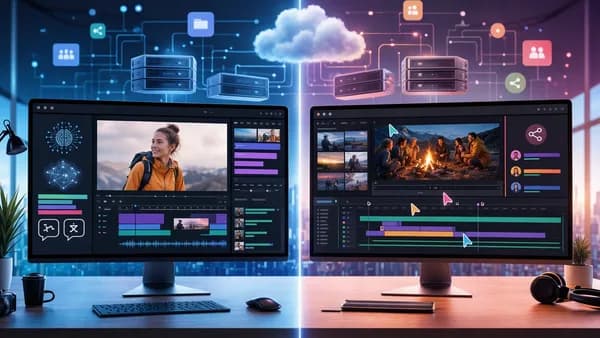 Two SaaS video editing dashboards compared with AI tools, subtitles, translation, and team collaboration.