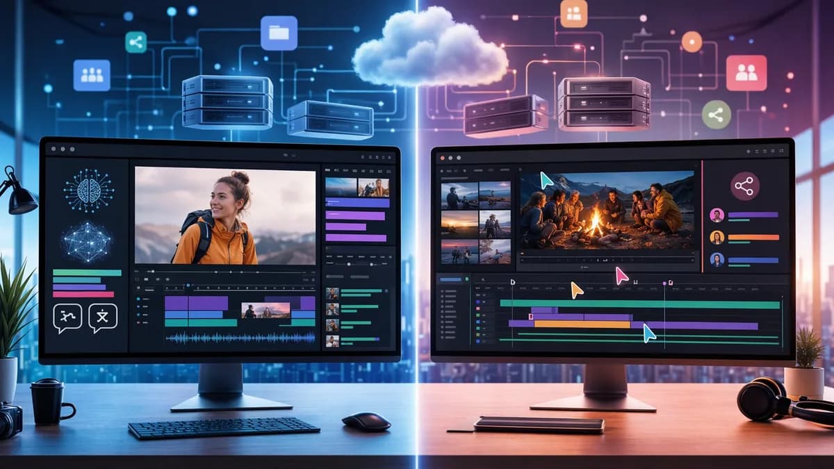 Two SaaS video editing dashboards compared with AI tools, subtitles, translation, and team collaboration.
