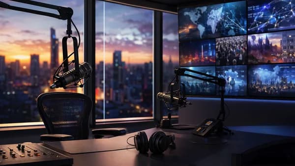 Empty radio studio with microphones and abstract global map screens suggesting media controversy.
