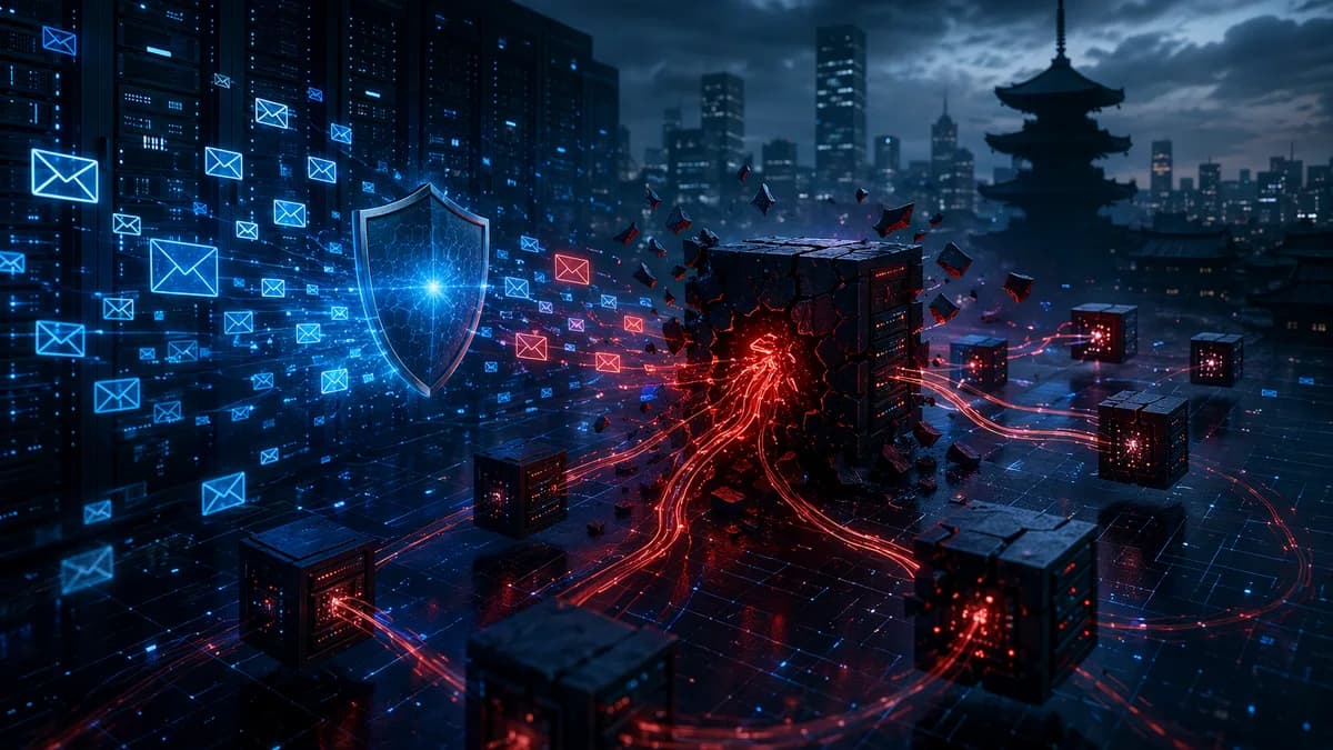 Cybersecurity breach visualization with exposed email data, server nodes, locks, and Japanese skyline.