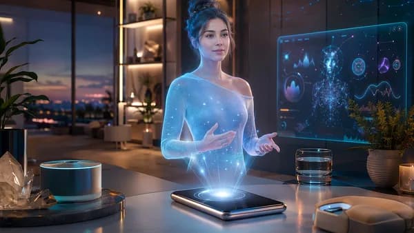 Wellness app concept with smartphone projecting an AI life coach hologram in a sleek futuristic workspace