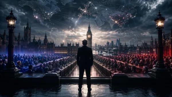 UK political crisis scene with leader silhouette, parliament, storm clouds, and global connection map.