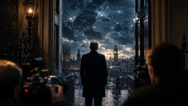 UK political crisis scene with leader silhouette, London skyline, world map, and global connection lines