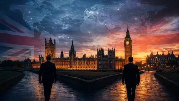 Silhouetted UK politicians approach Parliament under a world map, symbolizing Labour leadership transition.