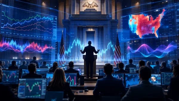 Central bank speaker and traders amid market charts, symbolizing Fed communication shaping rate expectations.