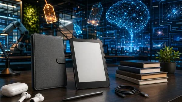 E-reader with accessories in a futuristic workspace, highlighting smart buying choices.
