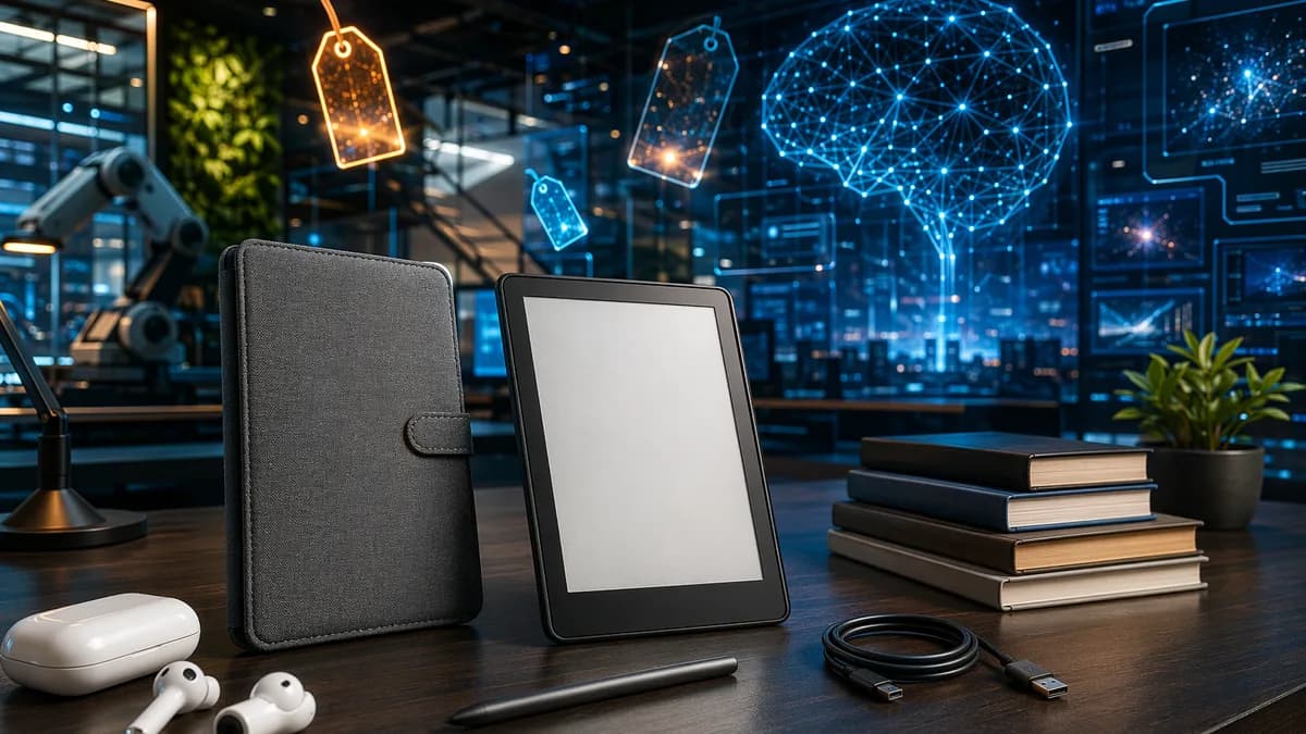 E-reader with accessories in a futuristic workspace, highlighting smart buying choices.