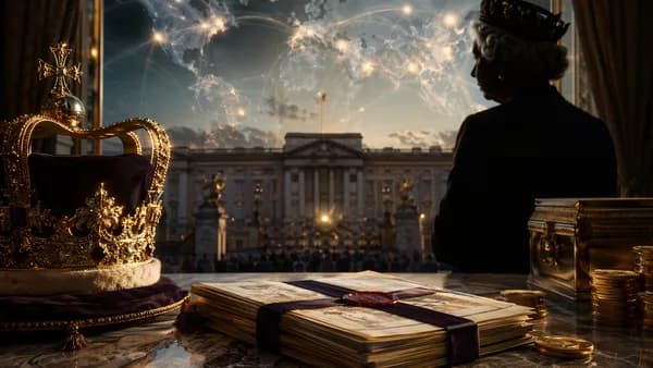 Crown and financial papers before a palace silhouette with a global map backdrop, symbolizing royal tax scrutiny.