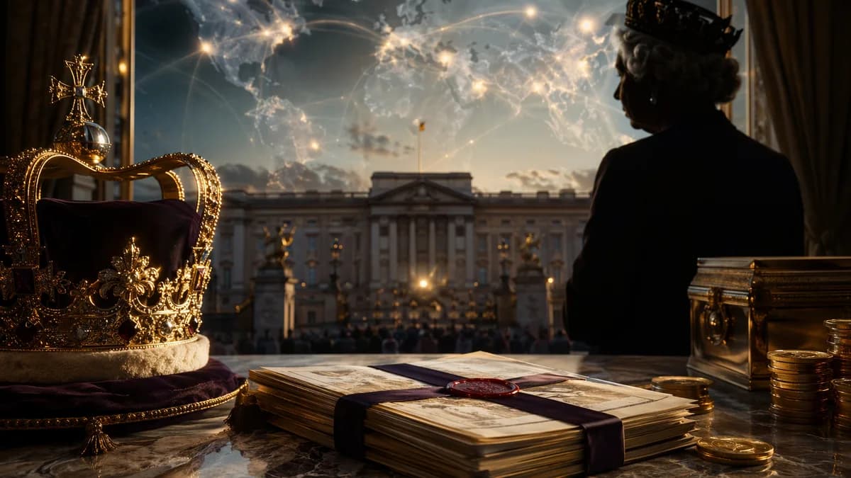 Crown and financial papers before a palace silhouette with a global map backdrop, symbolizing royal tax scrutiny.