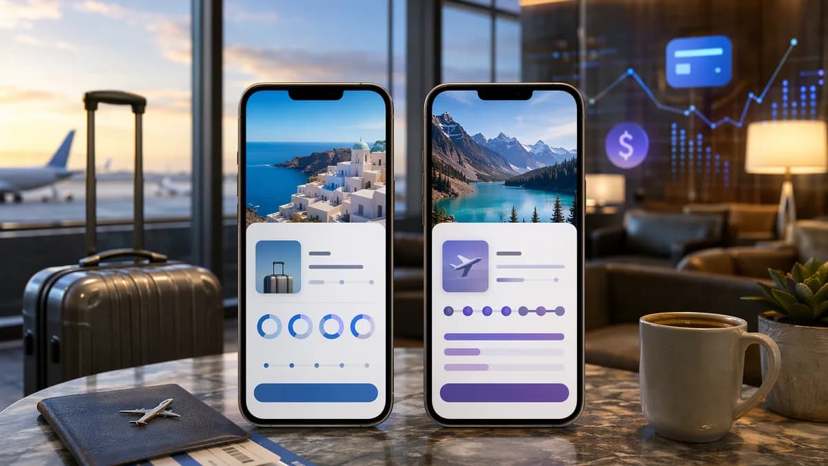 Two travel payment app concepts in an airport lounge, comparing short installments with larger trip financing.