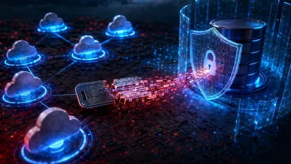 Fractured API key leaking tokens through a dark SaaS security network toward a protected database.