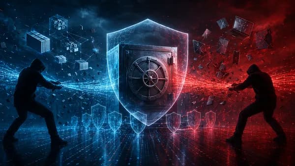 Two rival hacker silhouettes steal data from a glowing vault while customer devices sit trapped between them.