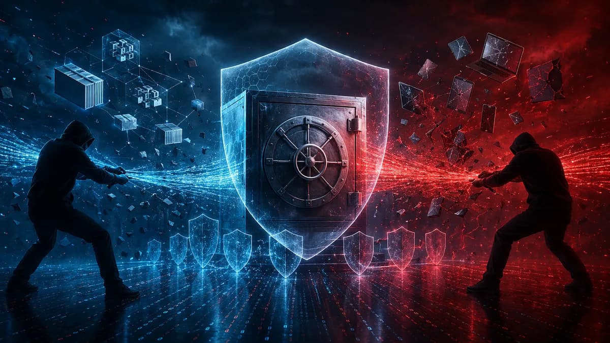 Two rival hacker silhouettes steal data from a glowing vault while customer devices sit trapped between them.