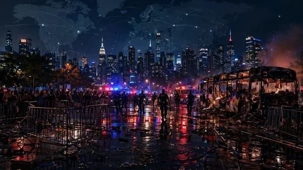 Manhattan street unrest with burned bus, police lights, skyline, and global map overlay