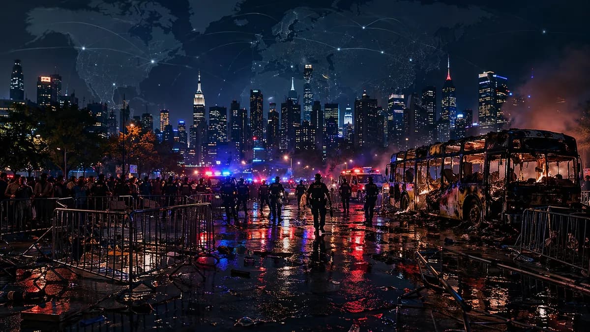 Manhattan street unrest with burned bus, police lights, skyline, and global map overlay