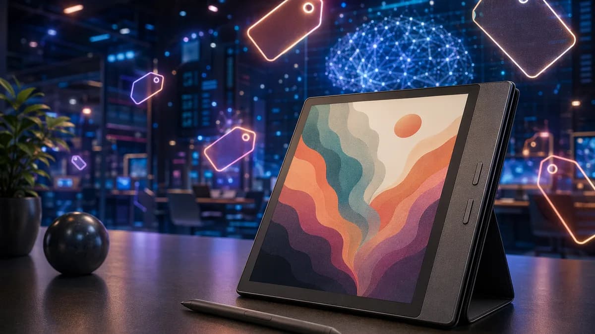 Color E Ink e-reader with stylus in a futuristic tech workspace during an online shopping sale