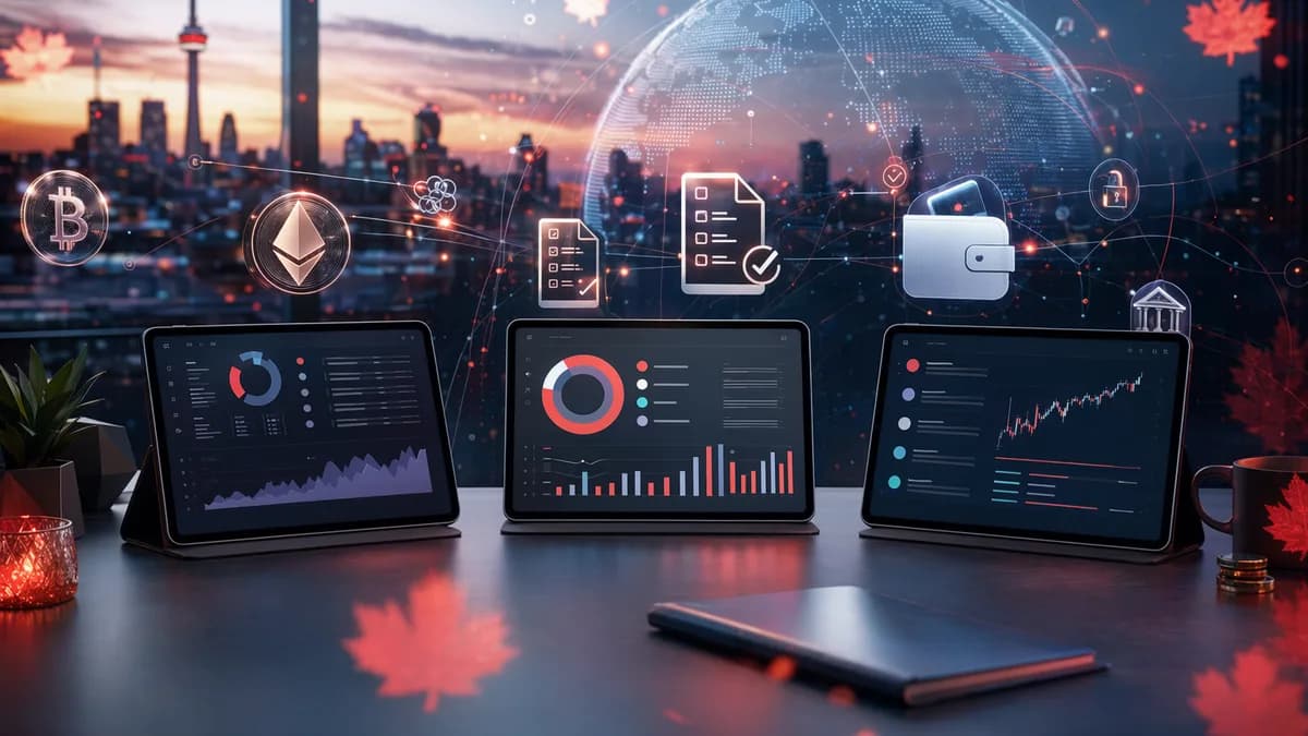 Abstract crypto tax comparison scene with tablets, transaction data, compliance icons, and Canadian fintech accents.