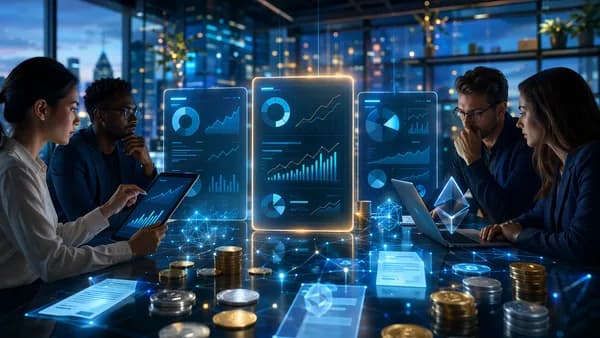 Crypto tax software comparison with traders, dashboards, coins, and DeFi network visuals in a fintech office