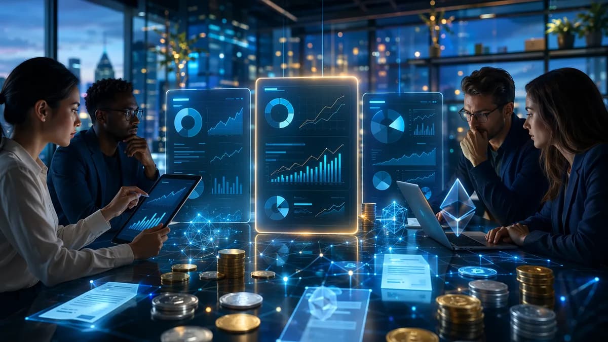 Crypto tax software comparison with traders, dashboards, coins, and DeFi network visuals in a fintech office
