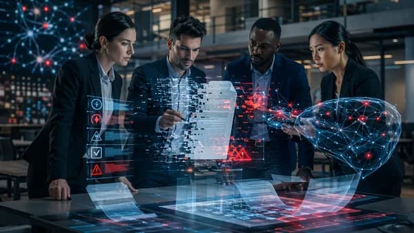 Glitching AI report in a futuristic corporate office under scrutiny