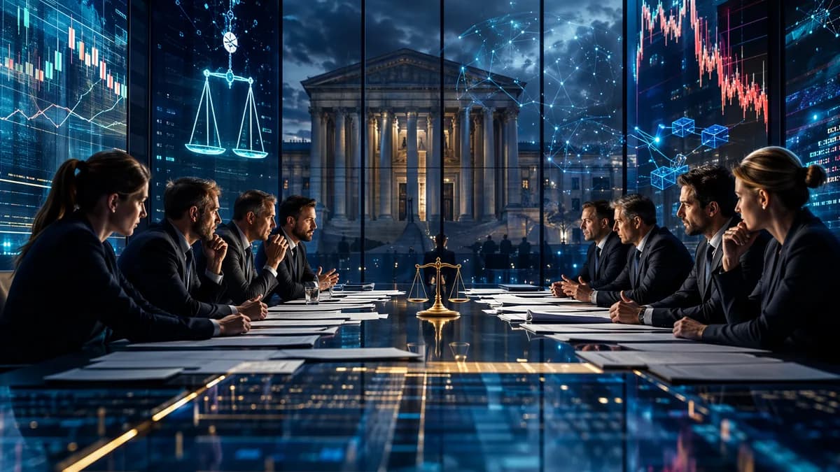 Fintech legal dispute scene with crypto trading screens, data streams, and courthouse reflections.