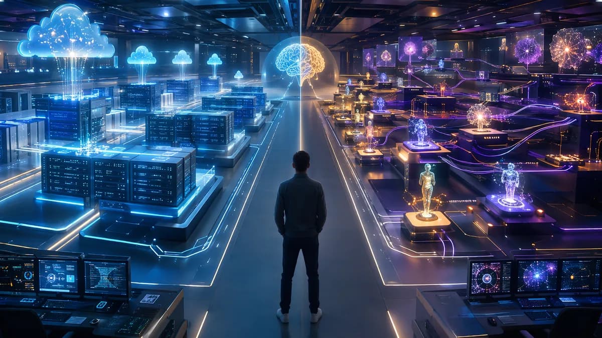 Split AI operations hub showing scalable inference versus governed model routing workflows.