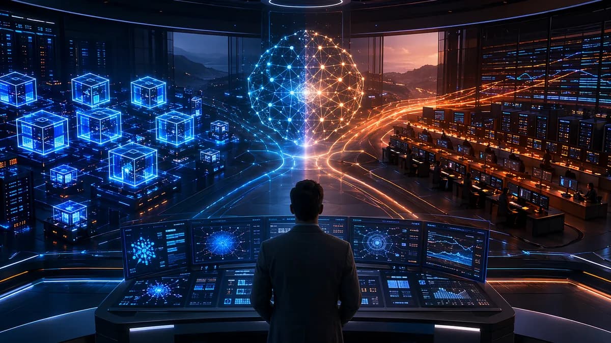 Futuristic ML operations hub comparing container orchestration and scheduling workflows