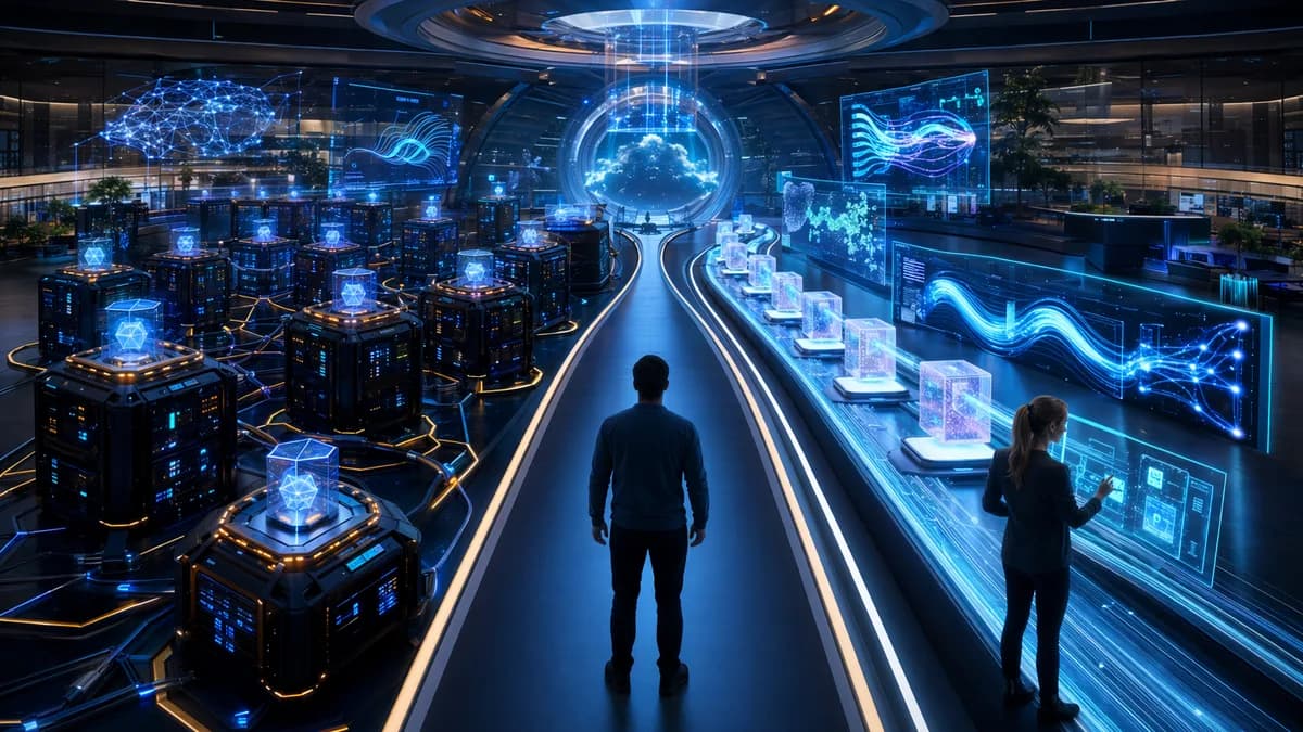 Futuristic MLOps hub showing complex cluster orchestration versus streamlined AI pipeline workflow.