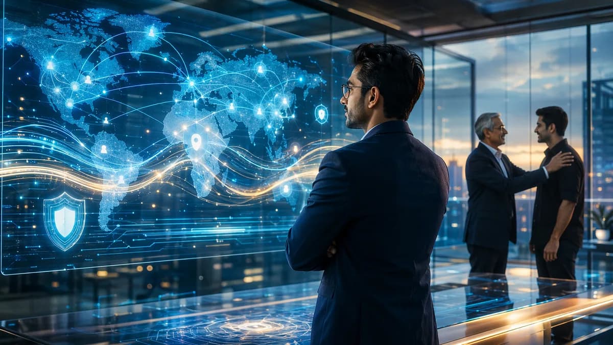 Indian tech leader in a futuristic messaging command center with secure global network visuals.