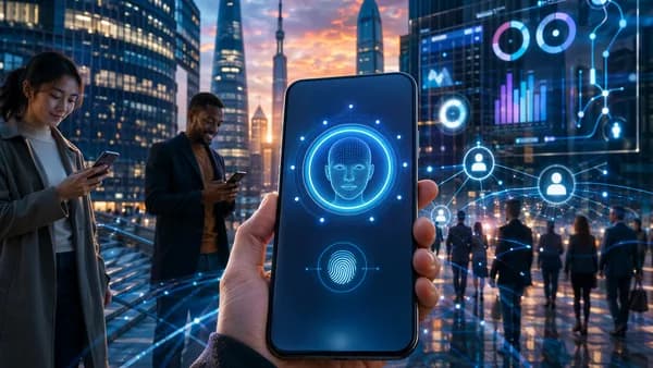 Digital banking identity verification scene with biometrics and secure KYC network visuals.