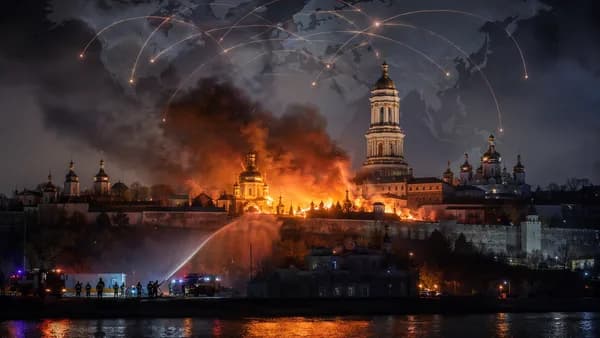 Kyiv monastery ablaze at night with smoke, emergency response, and subtle global map connections.