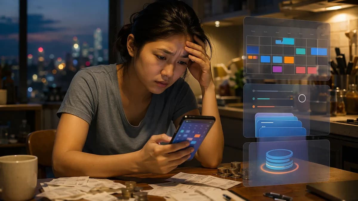 Hourly worker checking banking app at home, symbolizing unstable schedules and financial stress.