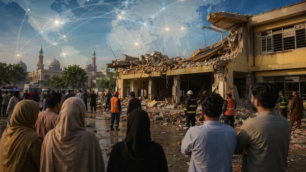 Damaged Lahore school building with rescuers and global map overlay, symbolizing a tragic roof collapse
