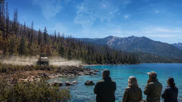 Lake Tahoe forest and water with herbicide spraying concerns, residents nearby, global environmental context.