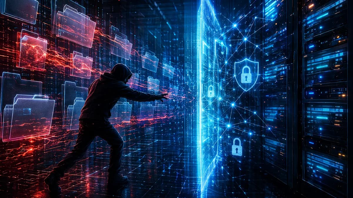 AI development server under cyberattack with shields, locks, data streams, and dark security visuals.