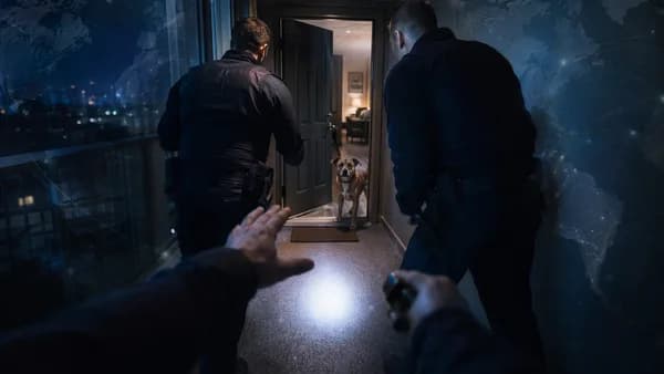 Tense police hallway encounter with a dog, framed as a global accountability news image.
