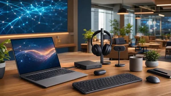 Hybrid work laptop setup with docking hub, webcam, keyboard, and futuristic tech office background
