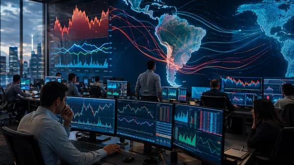 Trading floor with LatAm market visuals and FX flow lines, suggesting resilient carry amid Fed repricing.
