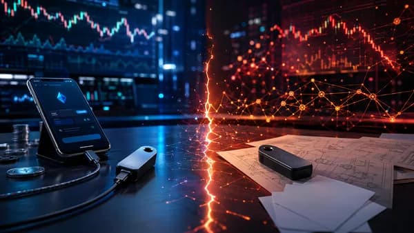 Two generic crypto hardware wallets on a DeFi trading desk with a glowing signing risk gap.
