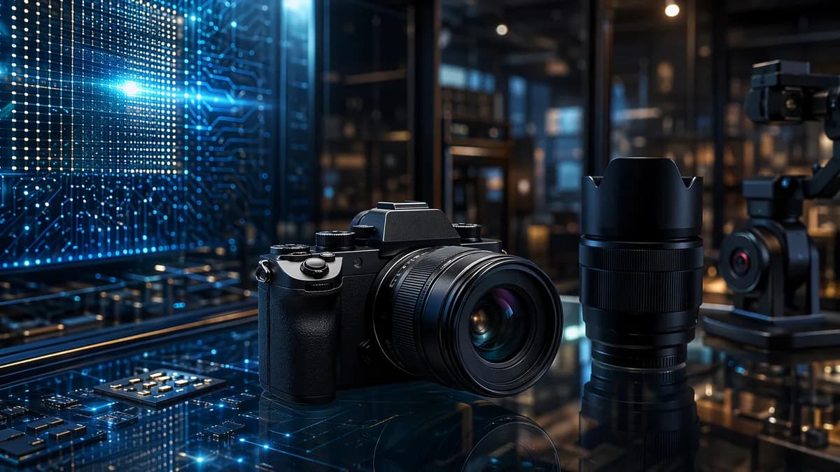 Unbranded premium mirrorless camera in a futuristic tech workspace with cinematic lighting