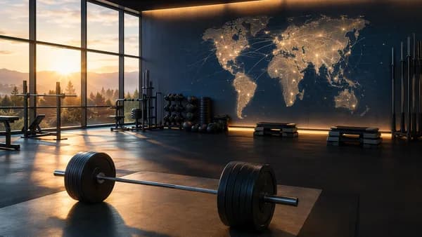 Empty fitness studio with barbells and a glowing world map symbolizing Les Mills’ global legacy.