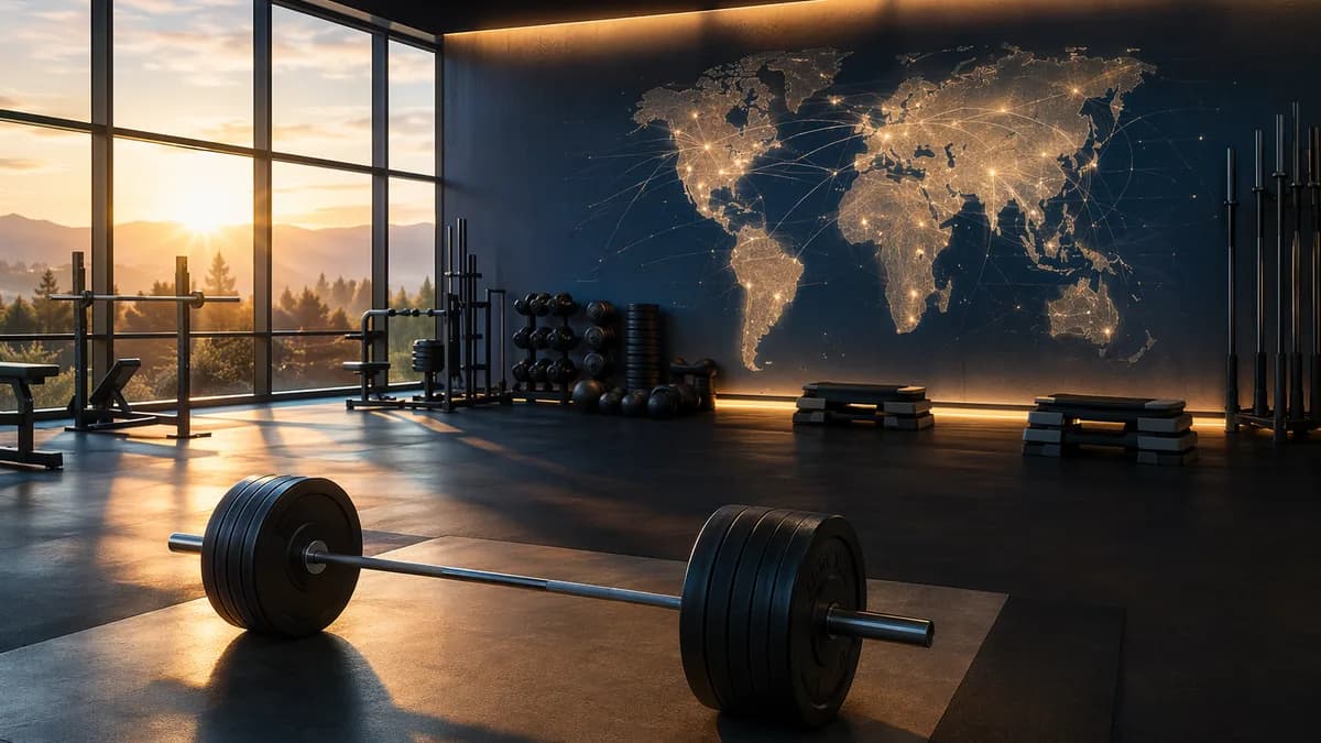 Empty fitness studio with barbells and a glowing world map symbolizing Les Mills’ global legacy.