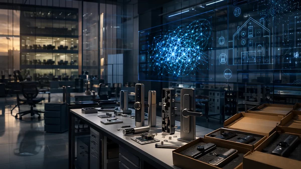 Empty smart lock lab with boxed devices and glowing tech screens, suggesting a company restructuring.