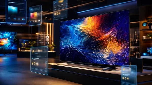 Premium OLED TV in a futuristic retail tech showroom with abstract sale graphics and cinematic lighting