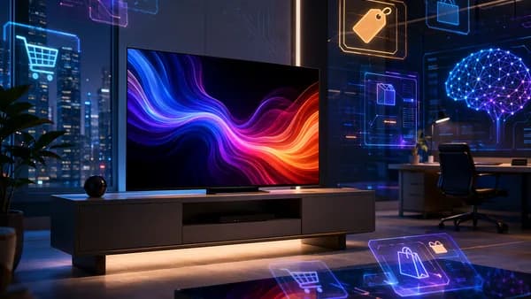 Premium compact OLED TV glowing in a futuristic smart home tech workspace with abstract deal visuals.