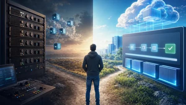 Split-screen cloud hosting scene comparing VPS control with managed app deployment automation.