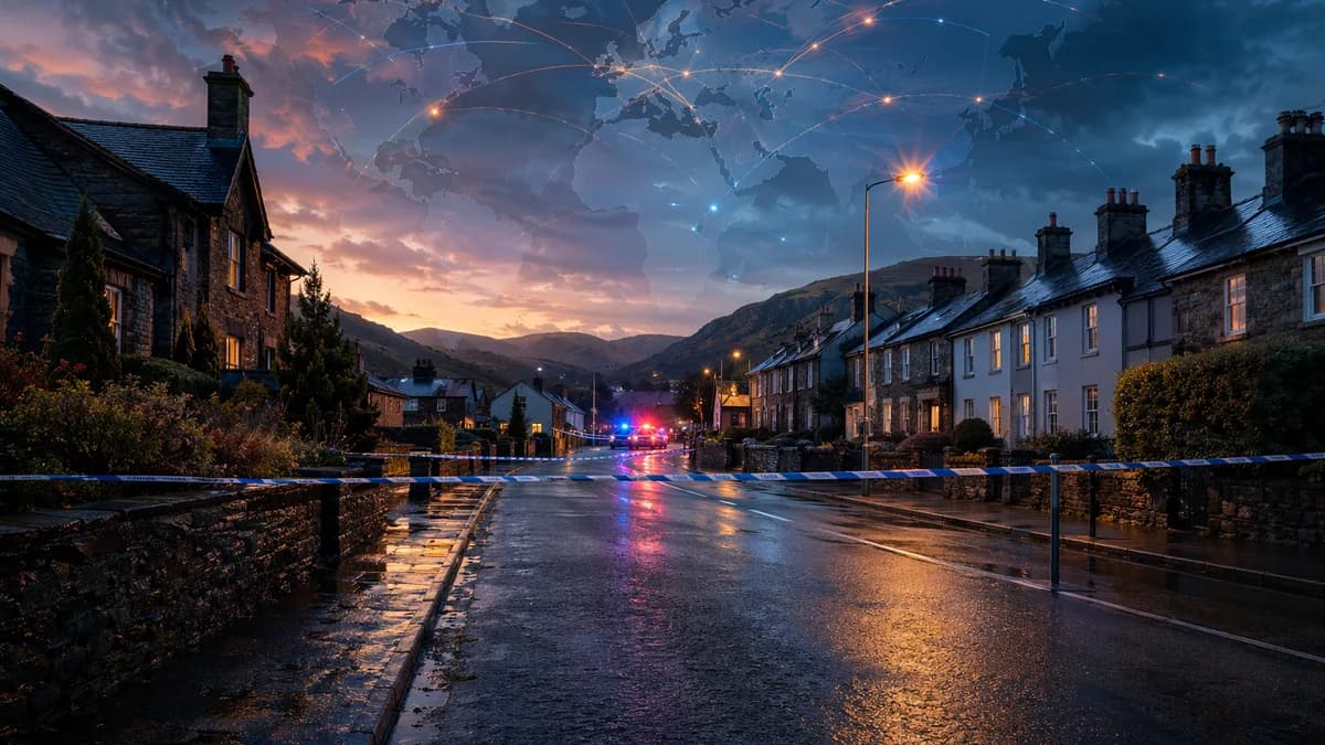 Somber Welsh town scene with police lights and subtle global map connections