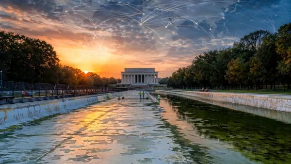 Partially drained reflecting pool near Lincoln Memorial with repair crews and global map overlay